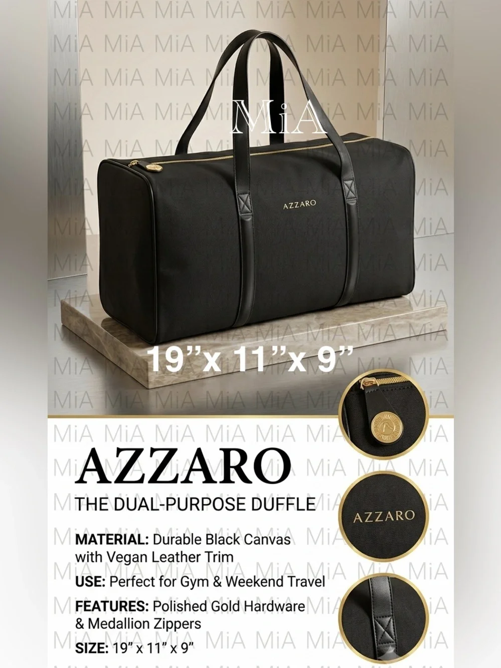 Azzaro Black Duffle Bag / Gym Bag/  Weekend Carry on Travel Bag (19”x11”x9”)